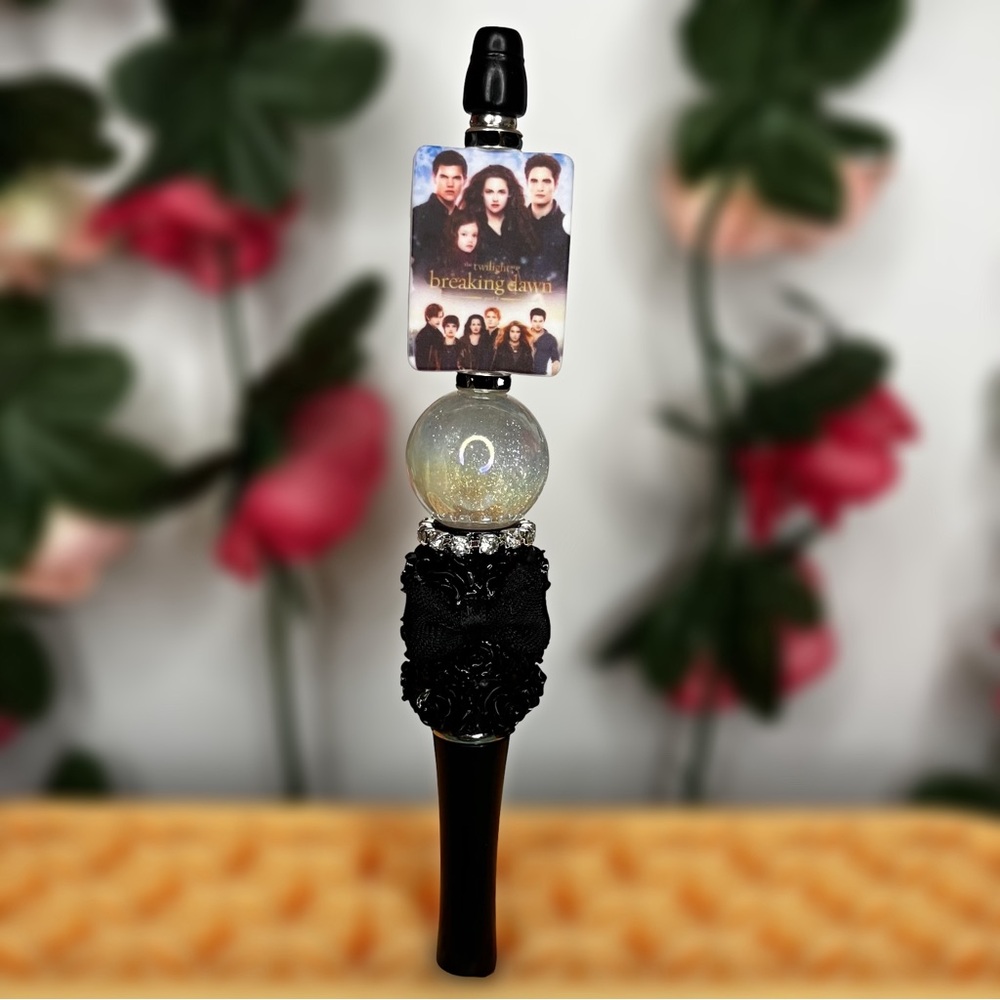 Breaking Dawn Handmade Beaded Pen with Large Sparkle Bead and Black Rose Accents